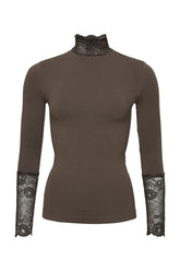 Abigail - Long Sleeve Top With Lace Collar Brown